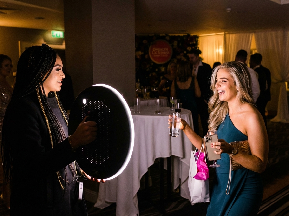 Flashbulb crew member running a roaming photo booth at an event