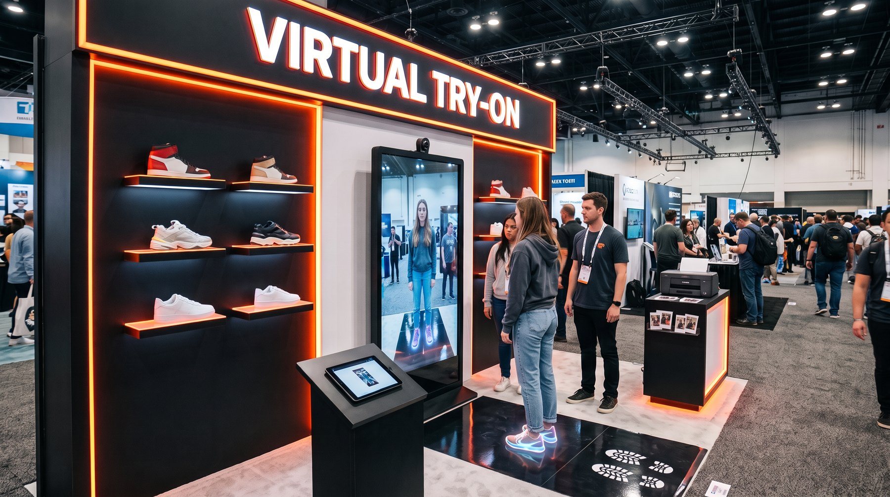 Virtual try-on booth at a trade show, with a lit shoe wall, a kiosk and a full-length mirror screen showing a guest in new shoes