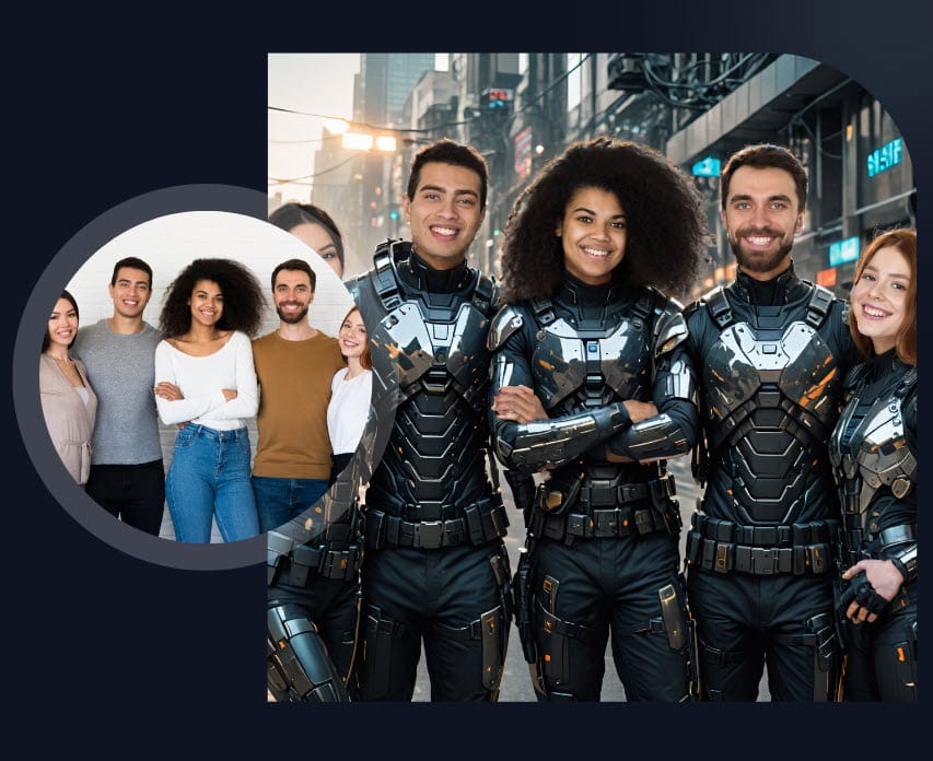 Four guests turned into armored heroes on a city street, with their own photo in the corner
