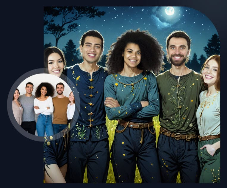 Five guests placed together in a moonlit forest, with their own photo in the corner