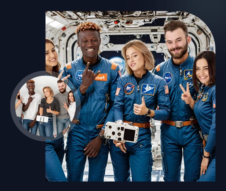 Five guests turned into a flight crew inside a spacecraft, with their own photo in the corner
