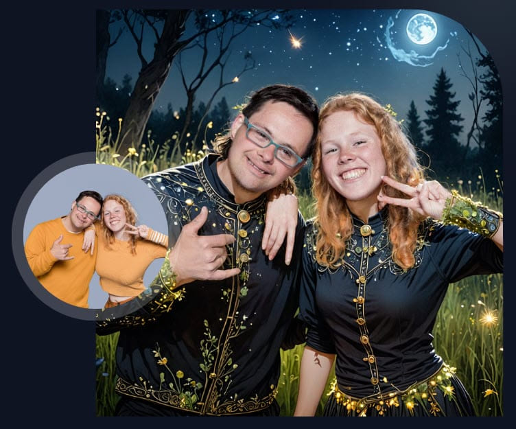 Two guests placed in a forest lit by fireflies, with their own photo in the corner