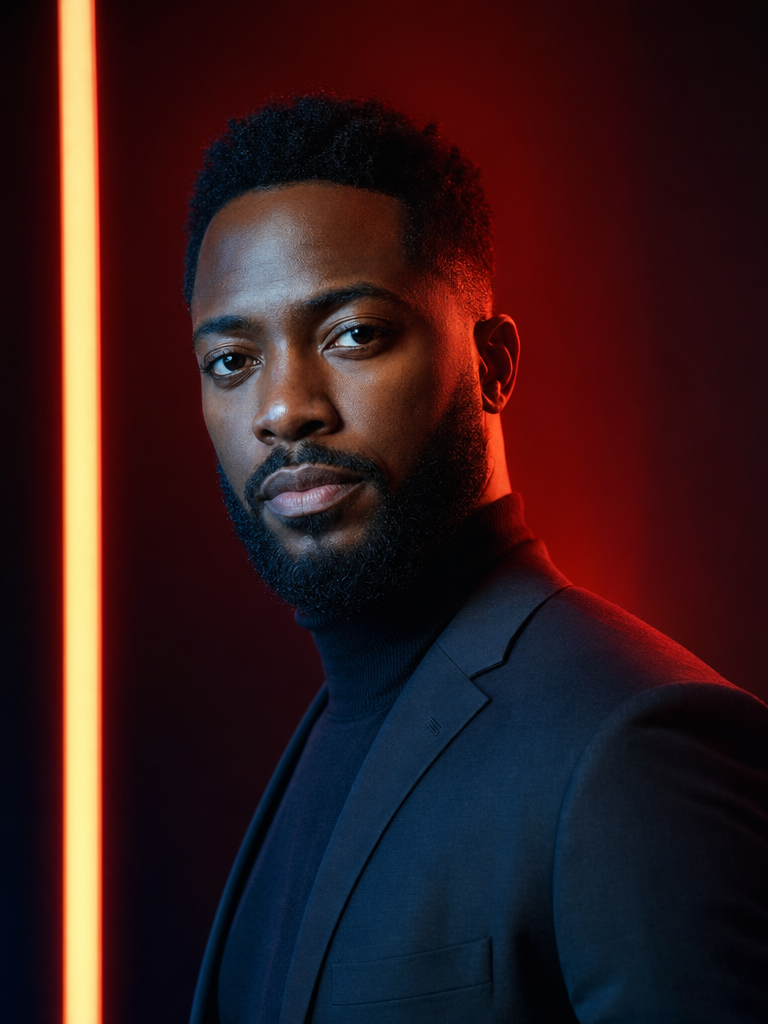 Editorial-style portrait with dramatic accent lighting