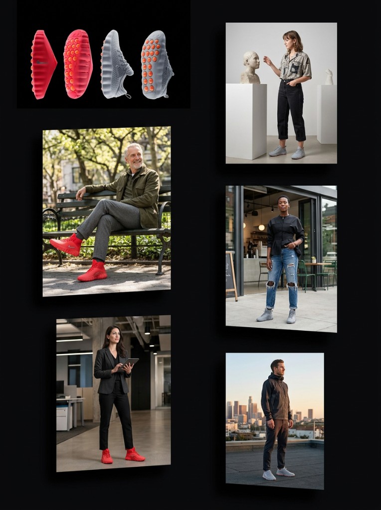 Campaign footwear lifestyle collage: product and on-location scenes across city, gallery, office, and outdoor settings