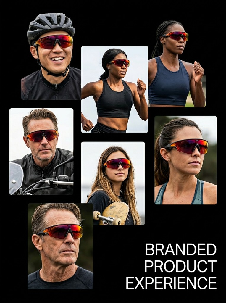 Branded product experience collage: Oakley try-on and lifestyle activation with diverse talent across sports and street