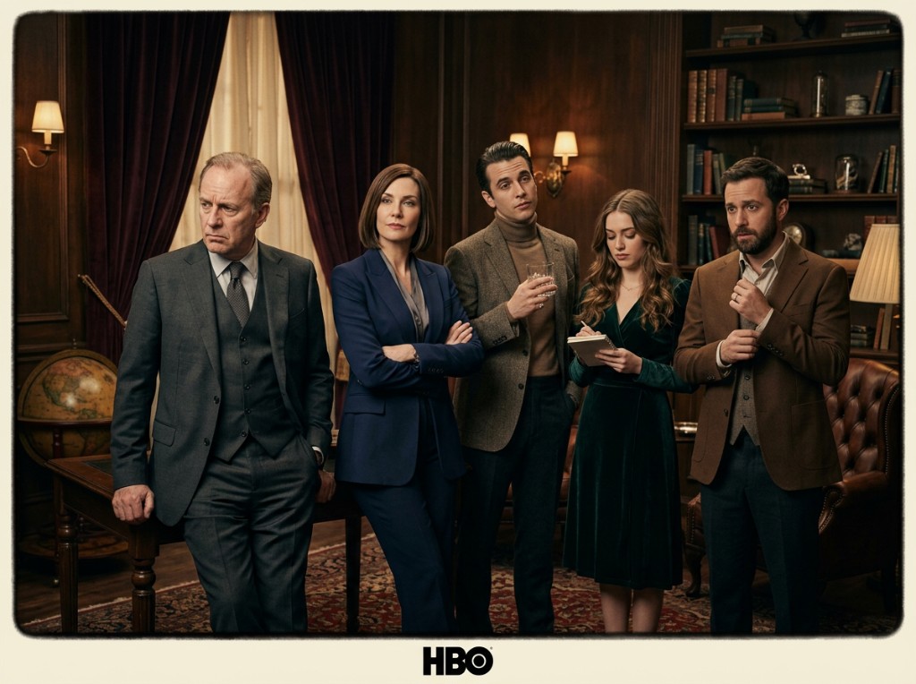 Dramatic group portrait in a wood-paneled executive-style set