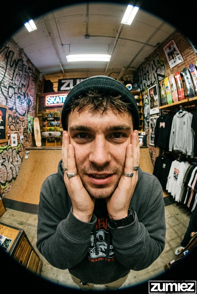 Creative fisheye retail portrait with bold wide-angle distortion