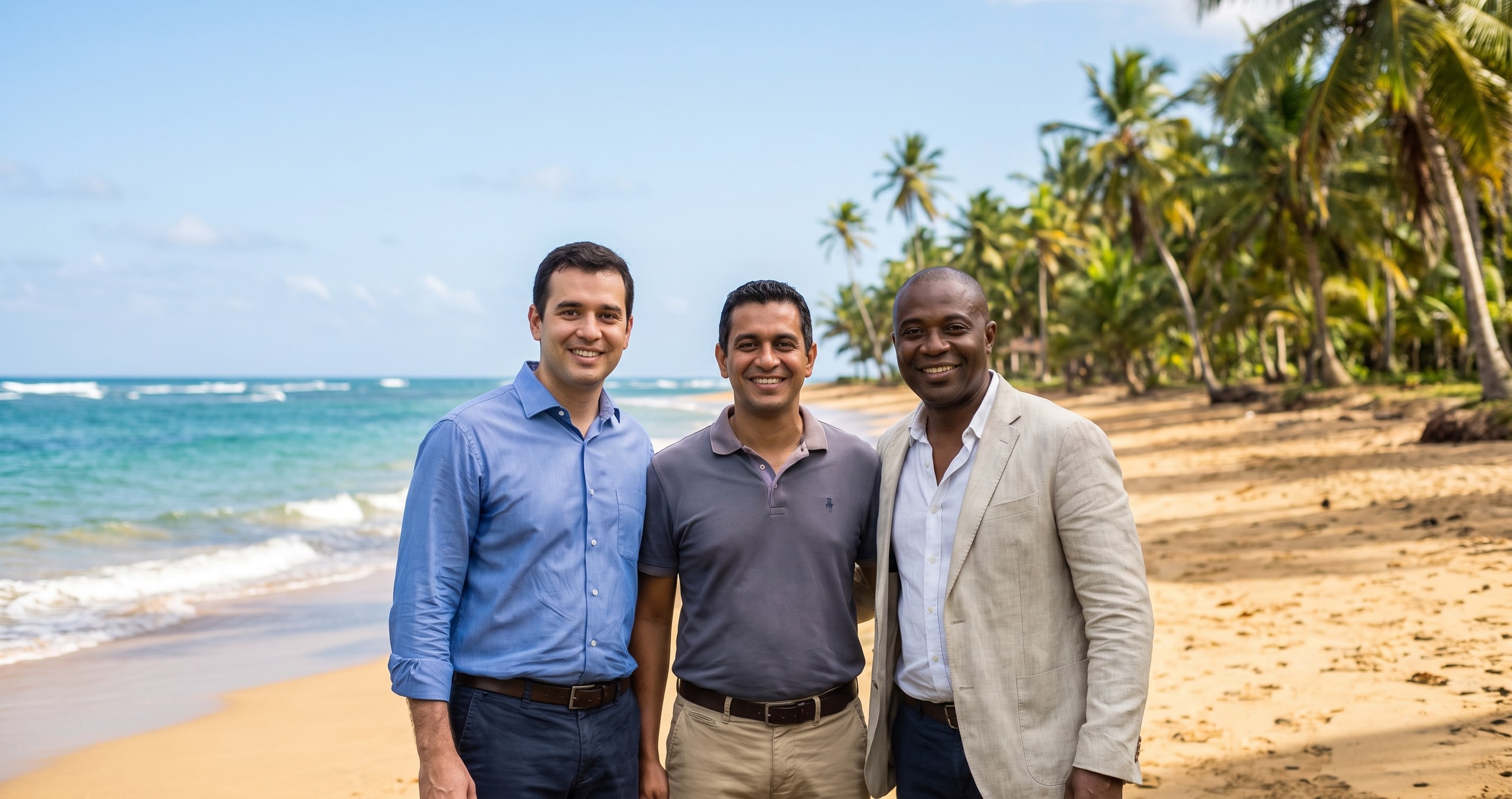 Three guests placed on a tropical beach with Magic Green Screen AI background removal