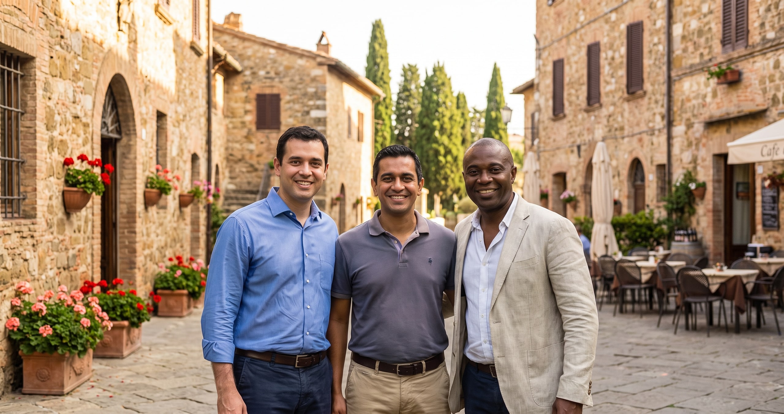 Three guests placed on an Italian village street with Magic Green Screen AI background removal
