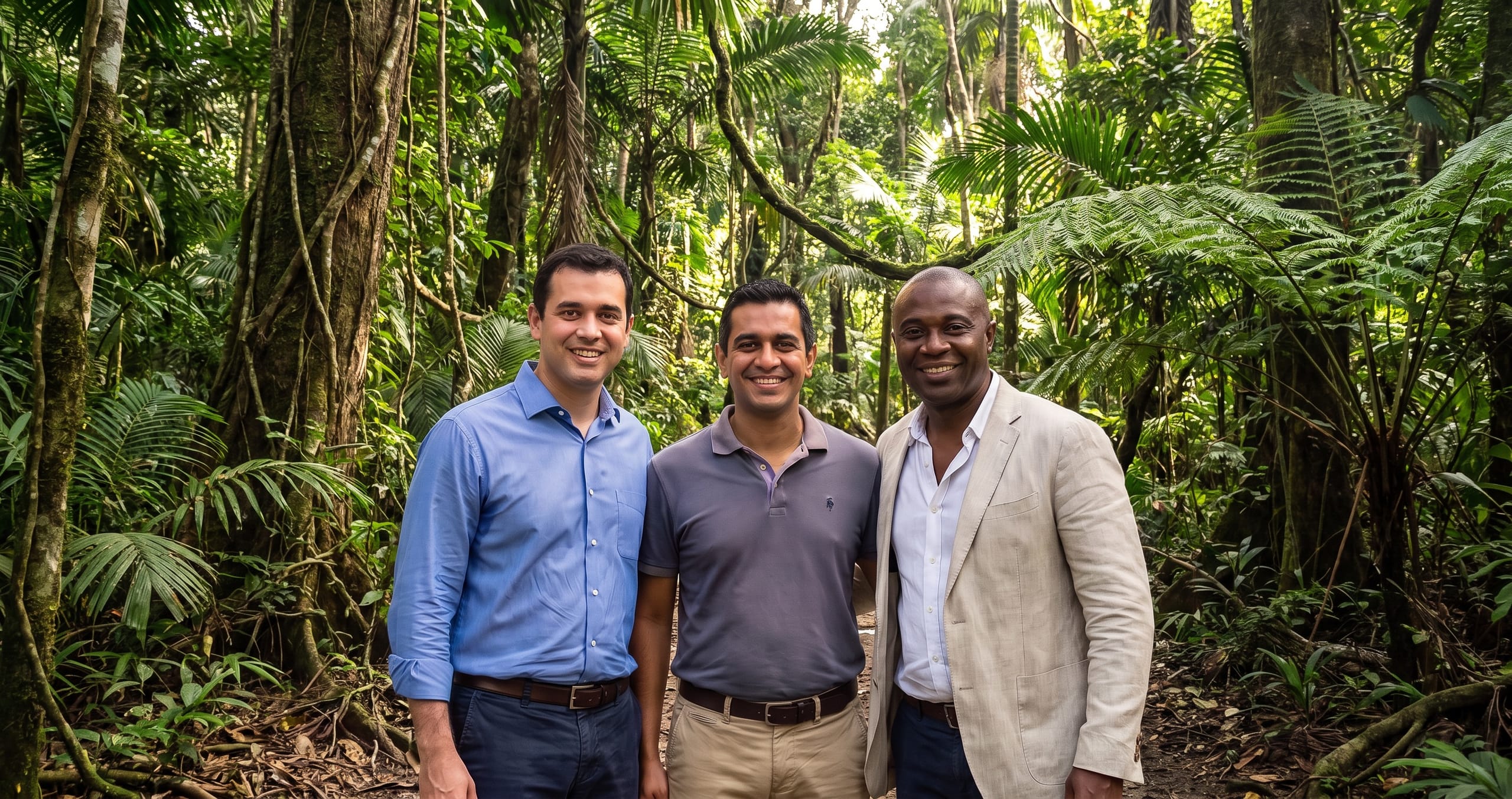 Three guests placed in a jungle scene with Magic Green Screen AI background removal