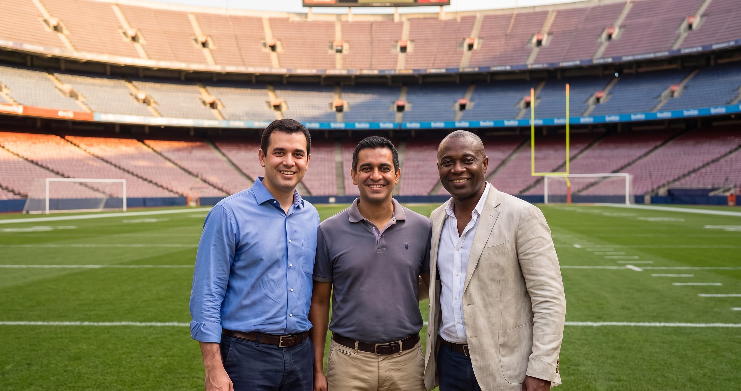 Three guests placed on the field of a football stadium with Magic Green Screen AI background removal