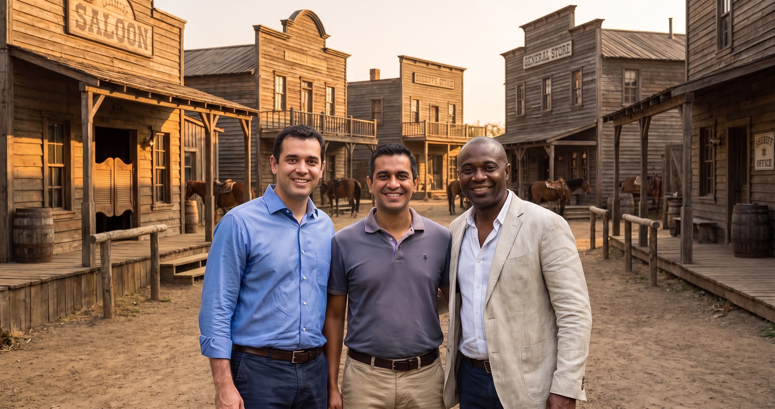 Three guests placed on the street of an old western town with Magic Green Screen AI background removal