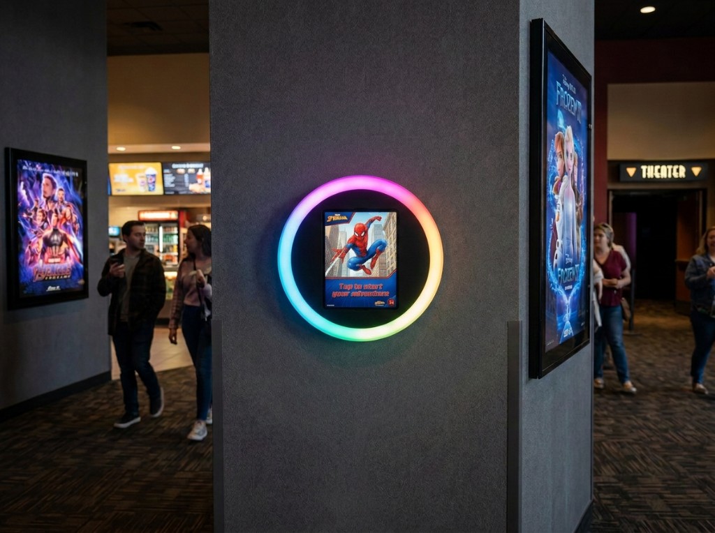 Wall-mounted permanent photo booth installation in a high-traffic venue lobby