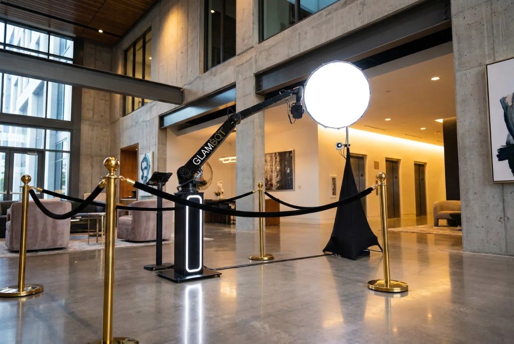 Professional GLAMBOT robotic arm camera setup with studio lighting in a modern event space