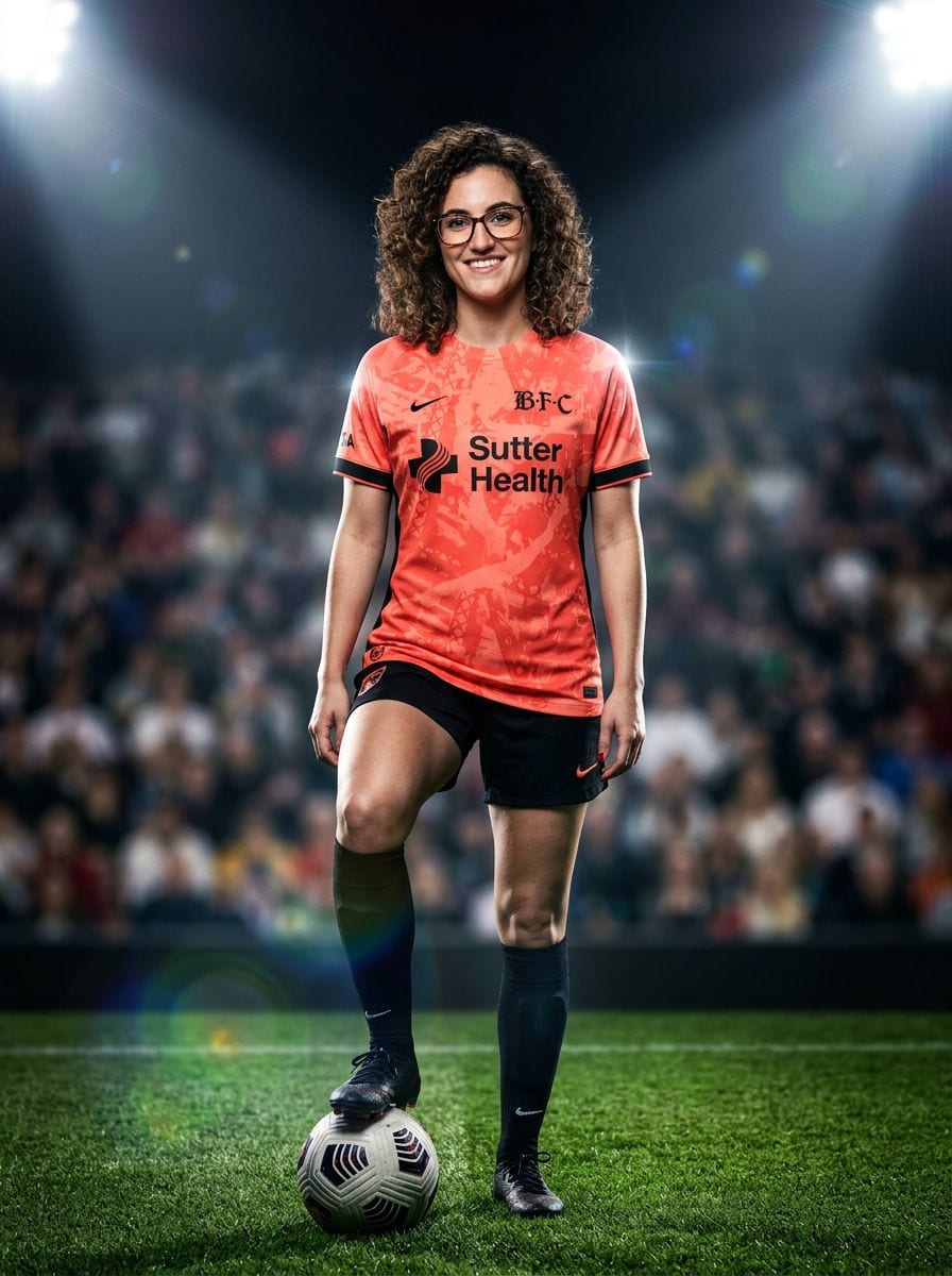 A guest rendered as a soccer player in a floodlit stadium