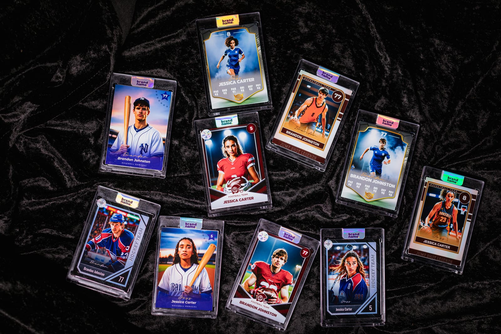 Printed trading cards in protective cases spread across black velvet