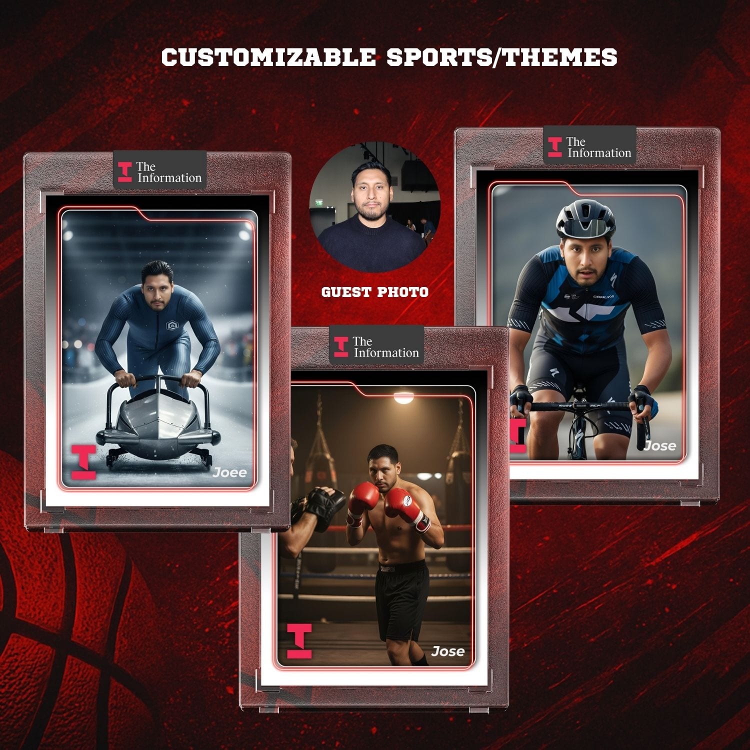 One guest photo turned into bobsled, boxing, and cycling cards for a branded event