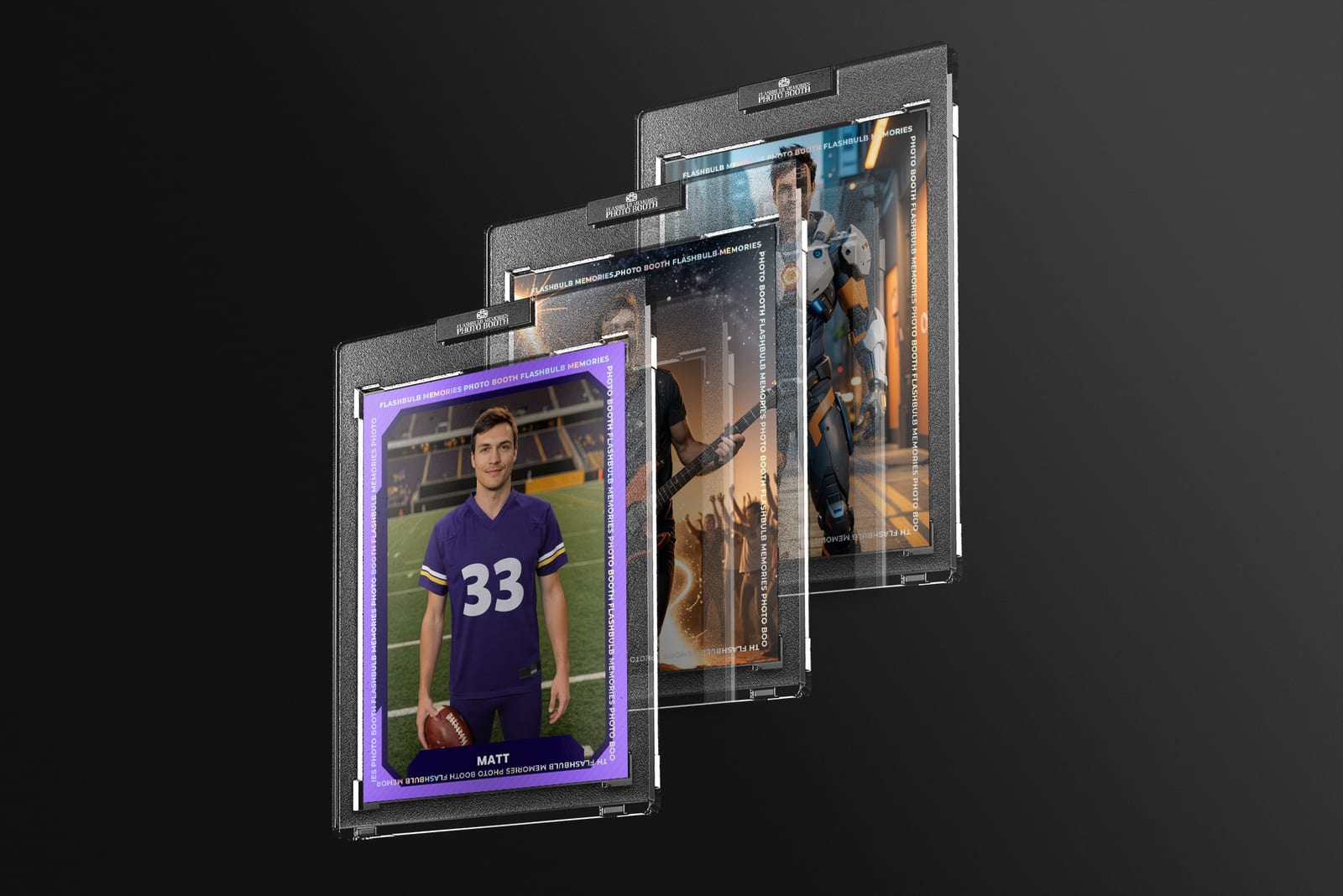 Three branded cards in football, concert, and sci-fi themes