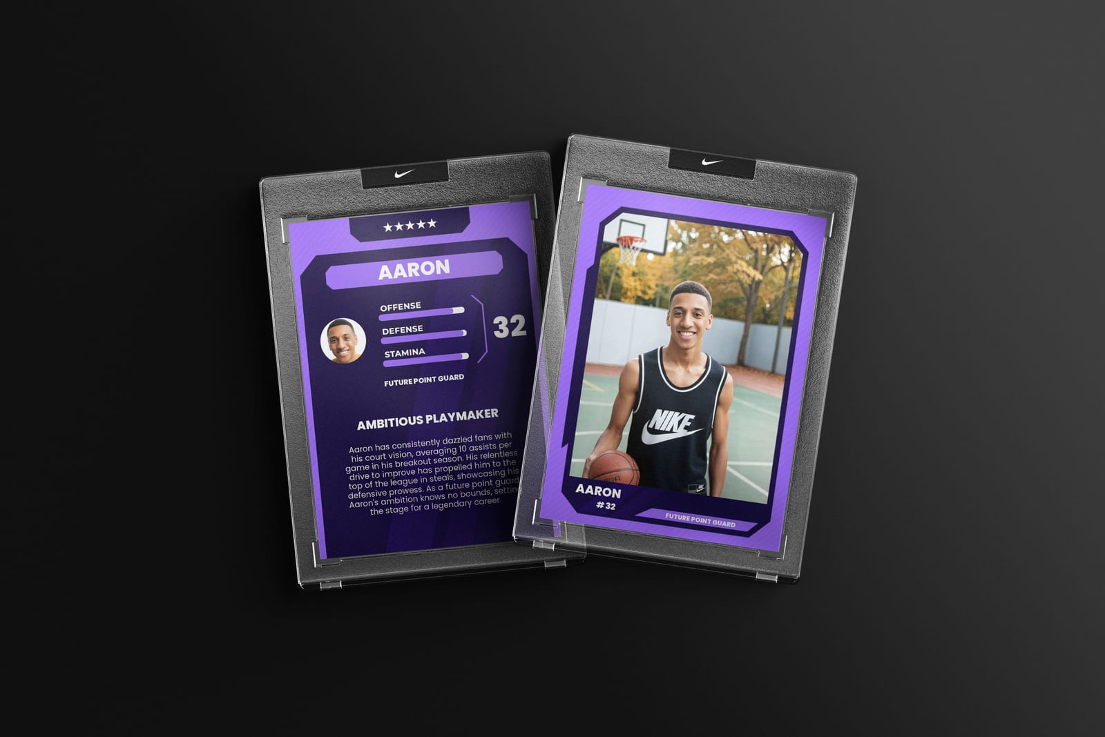 Front and back of a branded basketball card, with player stats on the reverse