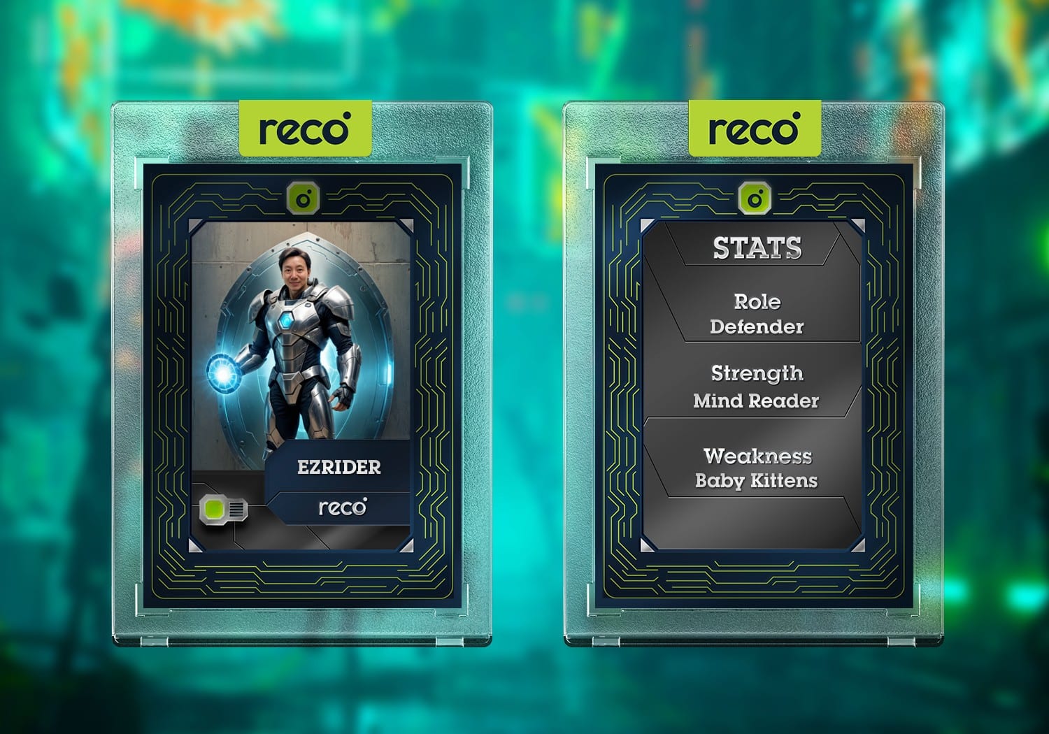 Front and back of a sci-fi hero card with custom strengths and weaknesses