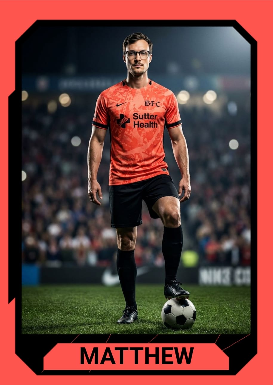A finished soccer trading card with the guest's name across the bottom